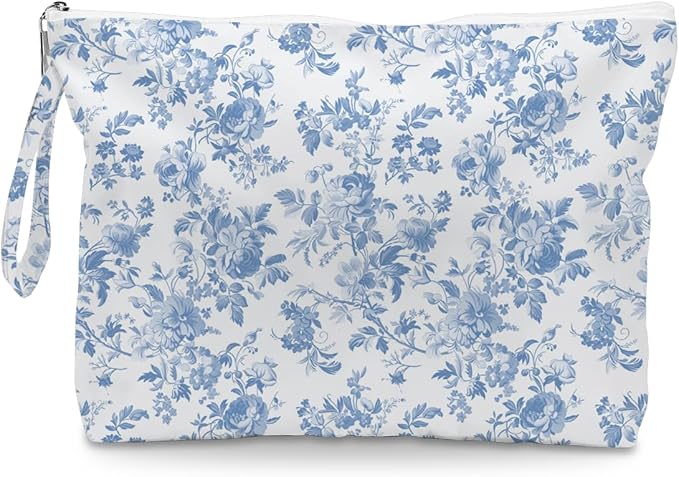Fokongna Floral Print Wet Bag, Small Portable Waterproof Multi-Functional Organizer for Women, Sky Blue Toile De Jouy,Ideal for Daily, Beach & Travel,