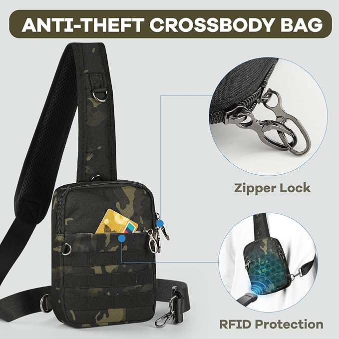 Sling Bag, Tactical Anti Theft Crossbody Bag with Zipper Lock RFID EDC Small Chest Bags for Men Women(Camouflage)