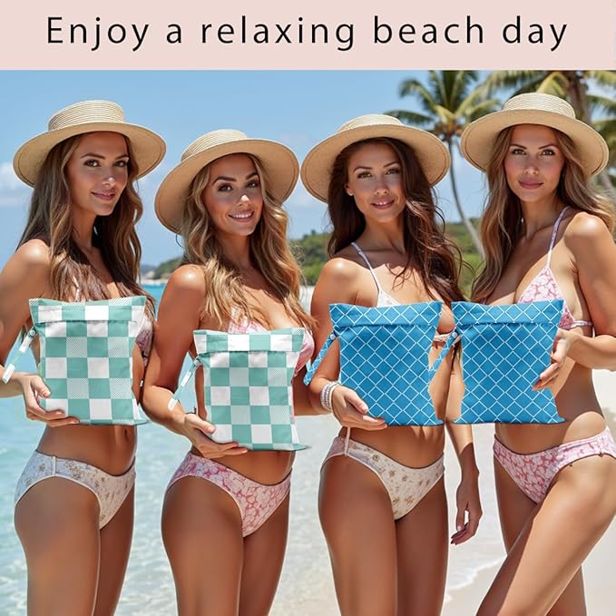 Wet Bag, 4Pcs Wet Dry Bag Set, Reusable Waterproof Bags with Blue Diamond Lattice & Mint Checkerboard Prints for Women, Ideal for Beach, Pool & Travel