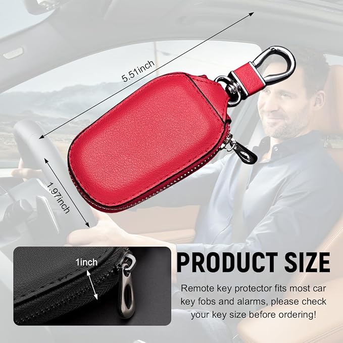 Yourkar 2 PCS Car Key Case, Genuine Leather Auto Key Fob Storage Bag, Key Chain Holder Key Ring Zipper Bag, Car Accessories (Black+Red)