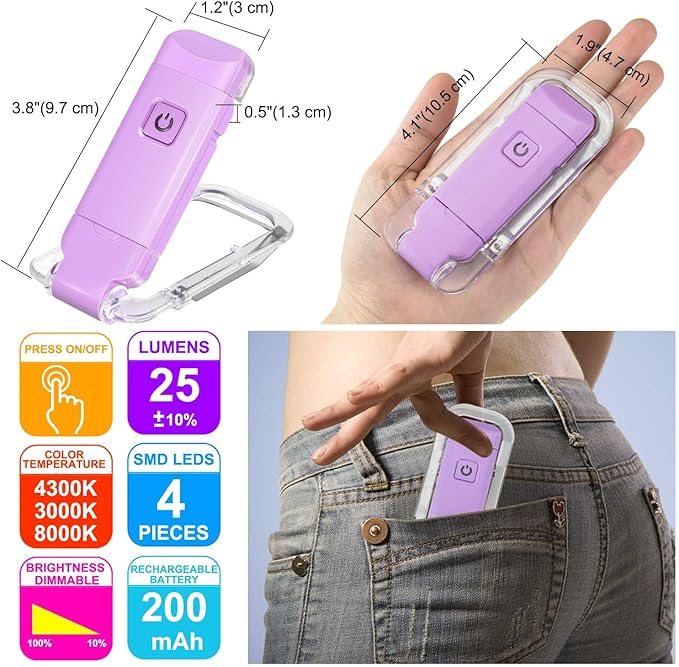 HONWELL Rechargeable Book Light, Clip On LED Reading Lights for Kids Reading in Bed, 3 Brightness Levels Dimmable Bookmark Light for Eye-Protection, Portable Reading Lamp for Bookworms, Travel(Violet)