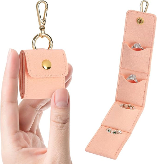 KUKUVR Mini Jewelry Holder Pouch with Keychain, Portable Travel Jewelry Organizer Box for Rings Earrings Necklace Stud, Small Velvet Jewelry Storage Bag for Gym Women (Pink)