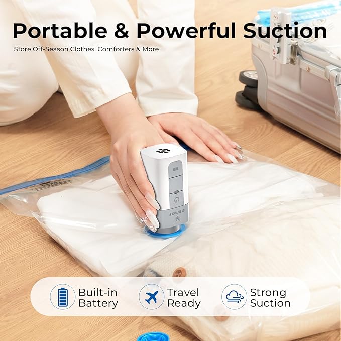 ETENWOLF 10 Pack Large Vacuum Storage Bags with Rechargeable Wireless Pump, Vacuum Seal Bags for Clothes and Travel, Space Saver Compression Bags for Luggage and Suitcases (31.5 X 23.6 inch)