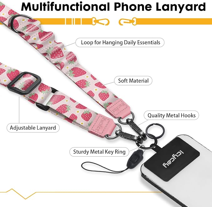 Icycay Phone Lanyard Crossbody, Cute Strawberry Cell Phone Strap for Around The Neck Adjustable, Anti Theft Lanyard for ID Holder Keys Accessories Travel Essential