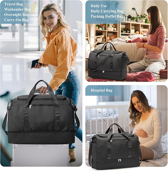 Travel Duffel Bag for Women, Carry-on Overnight Weekender Bags with Wet Pocket & Toiletry Bag, For Spirit Airlines 18x14x8 Personal Item Bag,3 Pcs Set,Small,Black