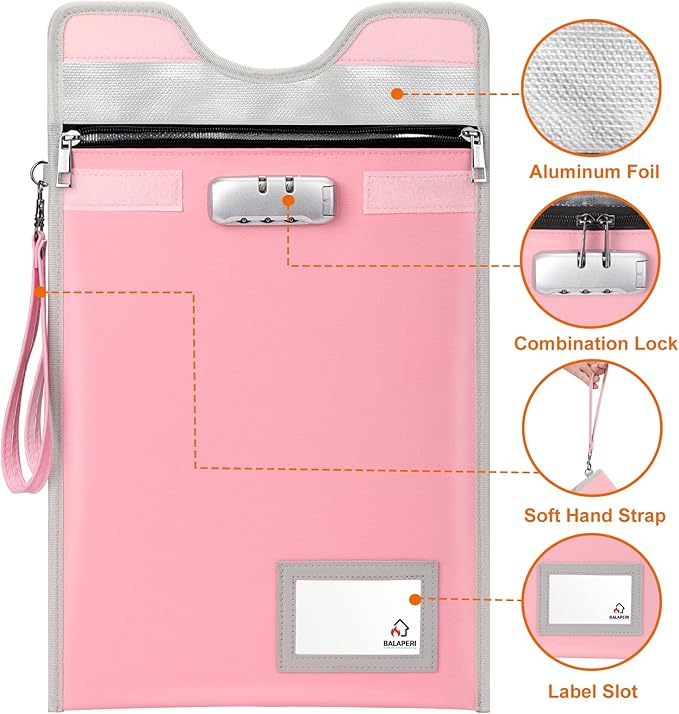 Fireproof Money Bag with Lock (5200℉), 15”x 11”Important Document Organizer Bag, Travel Money Pouch for Valuables,Money,Jewelry,Legal Documents,File and Tablet(Pink)