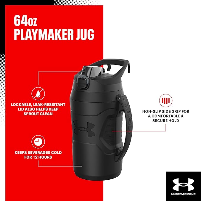 Under Armour Insulated Water Bottle with Handle & Fence Hook, Half Gallon Sports Water Jug, Leak-Resistant & BPA-Free for Baseball, Football & Gym - Black/Black, 64oz