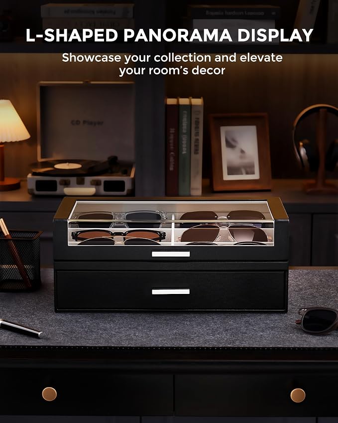 ProCase 12 Slots Sunglasses Box Organizer with L-Shaped Clear Lid, Multiple Pairs Glasses Display Holder Eyewear Eyeglass Eye Glass Storage with Drawer for Men -Black