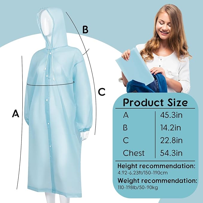 Rain Ponchos for Adults Reusable Rain Coats with Hood and Drawstring Thicken Ponchos Waterproof for Women(Light Blue)