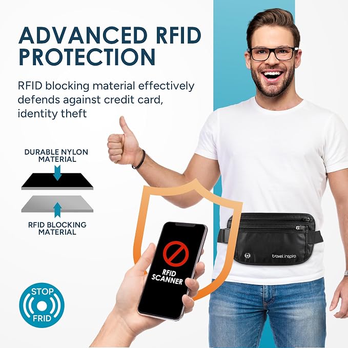 travel inspira Travel Money Belt with Anti-Theft Zipper Upgrade Larger Slim Travel Pouch with RFID Blocking Fabric to Protect Credit Cash, Passports, and Documents, Black