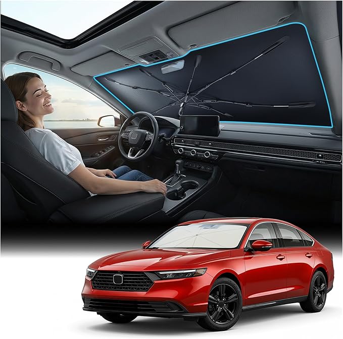 Nmoiss Windshield Sun Shade Umbrella for Honda Civic - [Vinyl Coating Heat Shield] Protect Car from Sun Rays & Heat Damage Keep Cool and Protect Interior, Spring Structure Edge