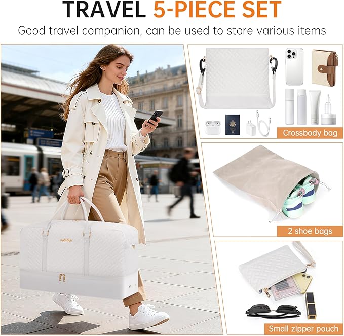 Weekender Bag for Women, 5 Pcs Set Carry on Overnight Bag, 21" Travel Duffel Bag with Waterproof Shoe Compartment for Weekend Travel Business Trip