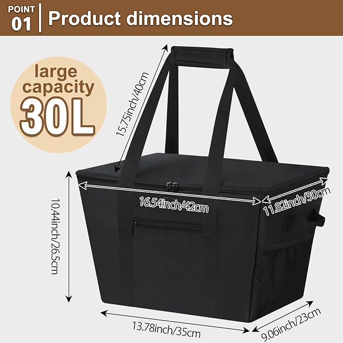 Reusable Grocery Bag – Expandable Insulated Cooler Bag with Bottom Board, Collapsible Insulated Shopping Bag with Zipper & Drawstring, Heavy Duty Tote Bag for Shopping, Delivery, Picnic, Beach