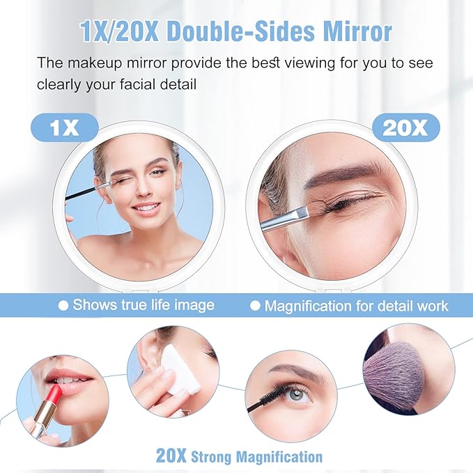 JMH Magnifying Handheld Mirror Double Sided, 1X 20X Magnification Hand Mirror, Travel Folding Held Adjustable Rotation Pedestal, Portable Small Makeup Mirror, 6 Inch