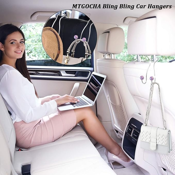 Bling Purse Hook for Car Headrest, Upgraded Cute Car Seat Hooks for Bag Handbag, Durable Stainless Auto Purse Hanger Holder 2 Pack, Light Purple
