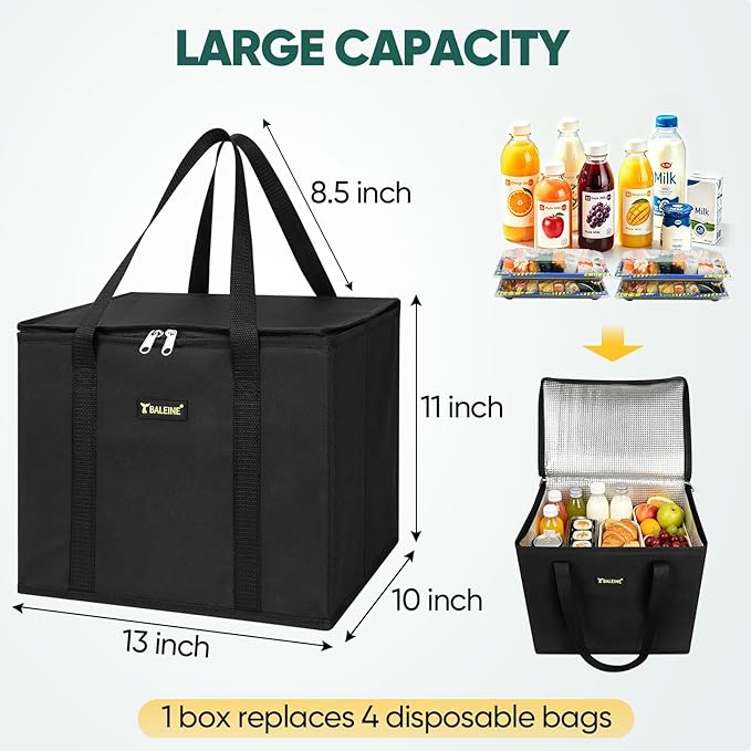 BALEINE 3Pk Insulated Reusable Grocery Bags, Foldable Shopping Bags for Groceries with Reinforced Bottom & Handles (Black)
