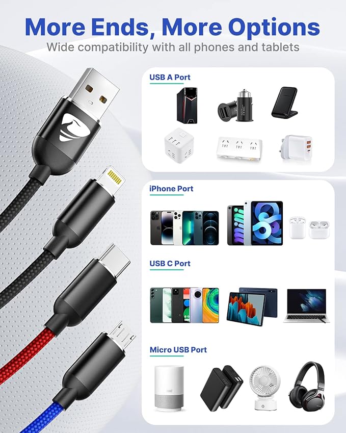 Aioneus Multi Charging Cable, Nylon Braided 3 in 1 Charging Cord Multi USB Cable Fast Charging Cord with Type-C, Micro USB and IPh Port, Compatible with Most Phones & iPads