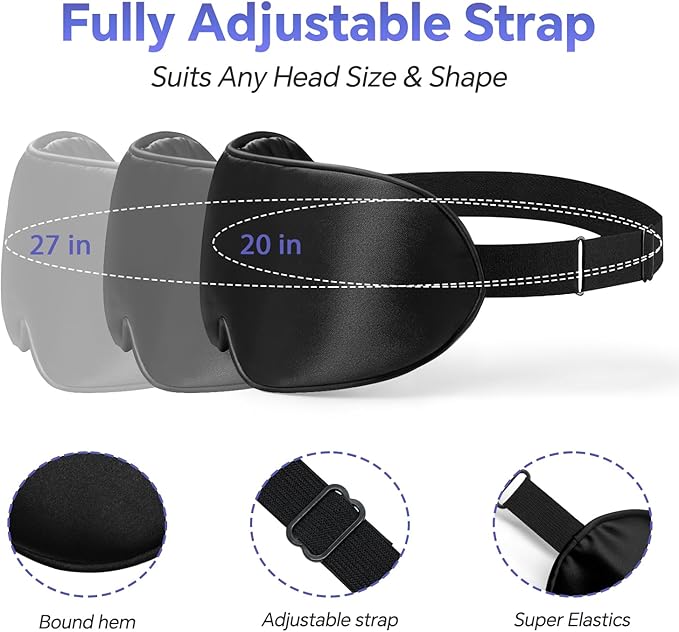 Sleep Eye Mask for Men Women, Silk Sleep Mask for Side Sleeper, Travel Blackout Night Blindfold Eye Shade Cover with Adjustable Strap, Classic Flat Style(Black & Black)