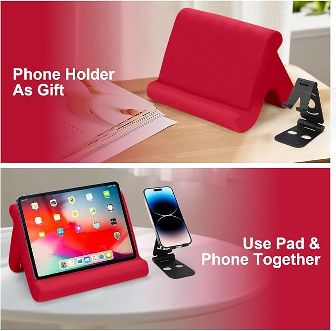 Universal Multi-Angle Tablet Stand Holder-Soft Pad Stand with black phone holder for Lap,Knee,Sofa and Bed,Compatible with iPad Pro 9.7,10.5,12.9 Air Mini 4 3,Kindle,Galaxy Tab,E-Reader (Wine Red)
