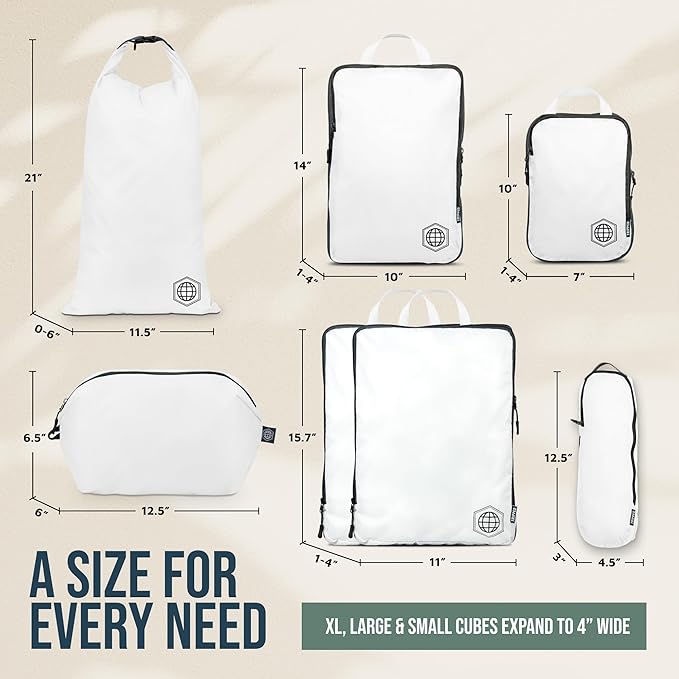 Large Compression Packing Cubes for Travel-Packing Cube Luggage Organizers 7 Piece Set for Checked Luggage-Ultralight, Expandable/Compression Bags by TRIPPED Travel Gear (White/Grey)