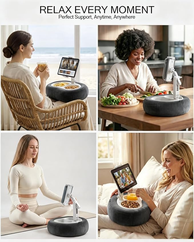 Miledi Tablet Pillow Stand, Compatible with 5"-12.9" Kindle, iPad, Phone/Tablet, 360° Rotating Phone Holder for Bed, Soft Plush Fabric, Detachable Bowl, Reading and Relaxation on Bed, Black
