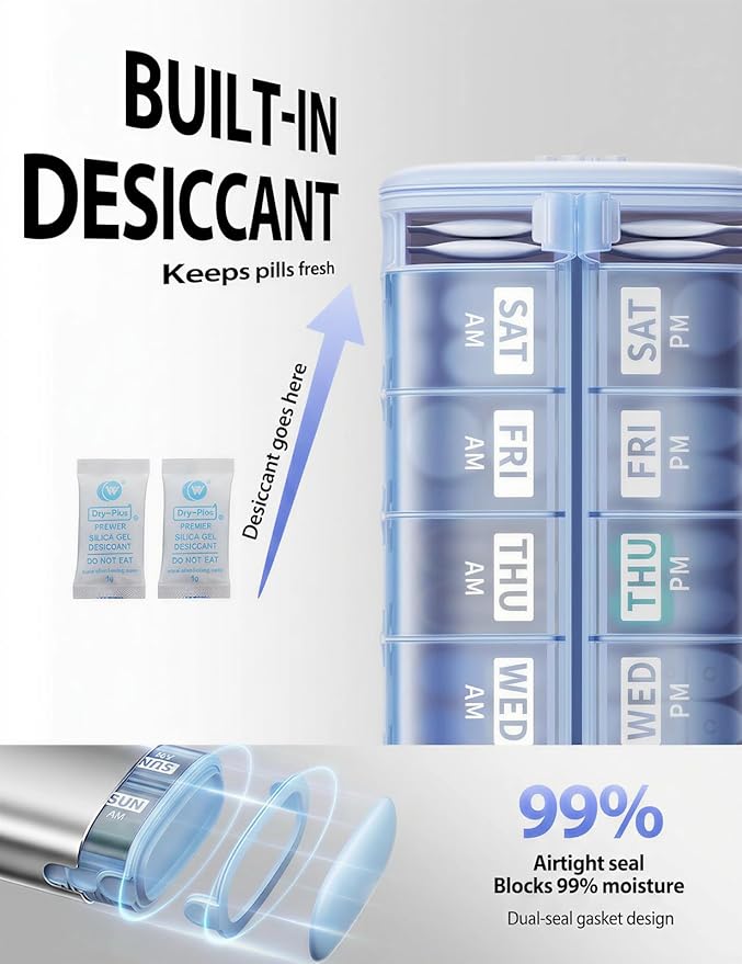 Vaydeer Metal 7 Day Pill Organizer 2 Times a Day – AM PM Weekly Travel Pill Case with Moisture-Proof Desiccant, Airtight Large Capacity Pill Box for Vitamins, Medications & Supplements (Silver)