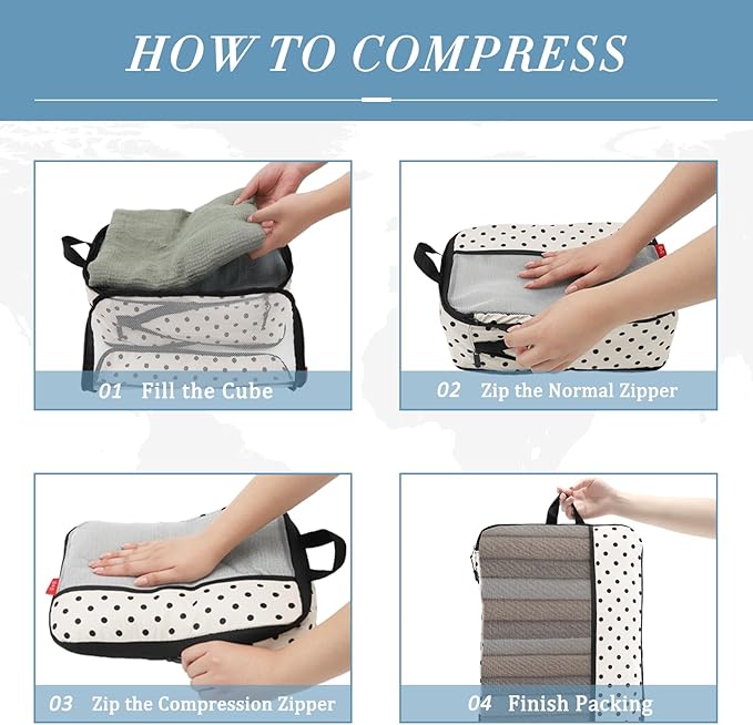 U+U 6 Set Compression Packing Cubes - Travel Organizers with Laundry Bag, Space-Saving Suitcase Organizer, Expandable Packing Organizers for Travel Essentials (Polka Dot)