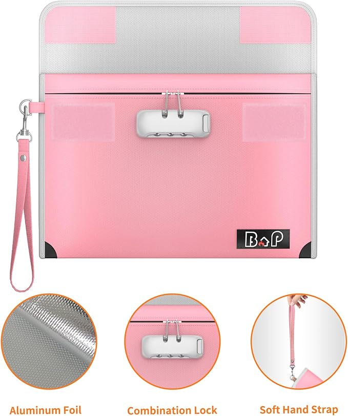 BALAPERI Fireproof Document Bag with Lock - 5200°F Heat Insulated, Water Fire Proof Bag with Zipper, Fireproof Money Bag for Cash, A5 Size Documents, Passport and Valuables, 11”X 7.7”(Pink)