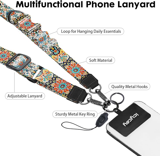 Icycay Phone Lanyard Crossbody, Boho Cell Phone Strap for Around The Neck Adjustable, Bohemian Anti Theft Cute Lanyard for ID Holder Keys Accessories Travel Essential Mandala