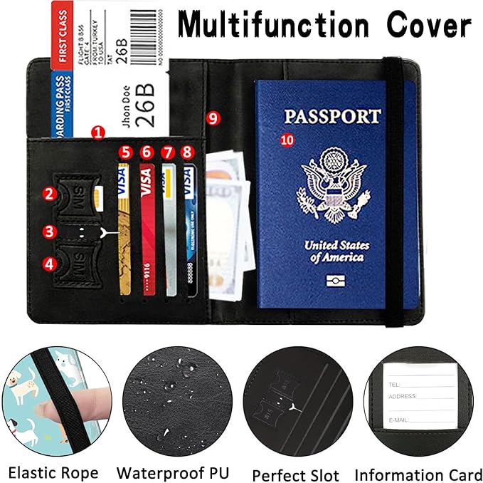 Passport Wallet, Passport Holder with RFID Blocking and Luggage Tag, Waterproof PU Leather Travel Documents Organizer Case, Passport Covers with Card Slot for Women & Men, Dogs Pattern Backgrounds