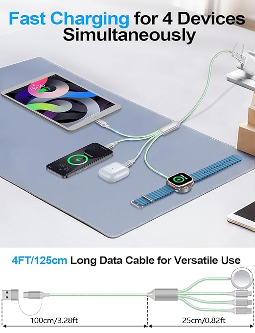 Travel Essentials,Multi Charging Cable for Apple Watch Charger/iPhone Charger/Samsung Charger,USB A & Type C Power Cable for iWatch Ultra/10-2/iPhone 17-11/Samsung S26,Serial Cables,Car[1.5M]-Green