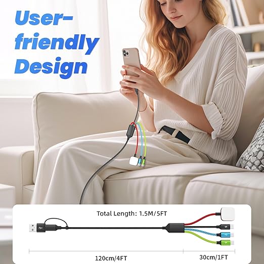 3 Type-C 4 in 2 Multi Charging Cable for iWatch Charger, Car Accessories USB C Splitter Cable iWatch Ultra/SE/11-2, iPhone 17-14, Android/Tablets and More (2PACK 5FT)