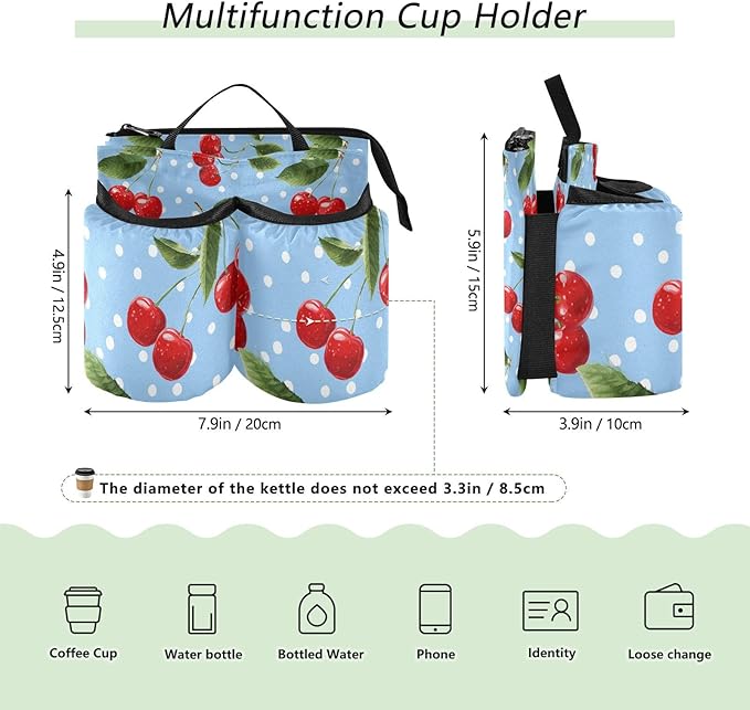Luggage Cup Holder for Suitcases Free Hands Suitcase Cup Holder Travel Luggage Drink Holder Portable Luggage Cup Caddy Bag Carrier with Handle Light Blue Dots Red Cherry