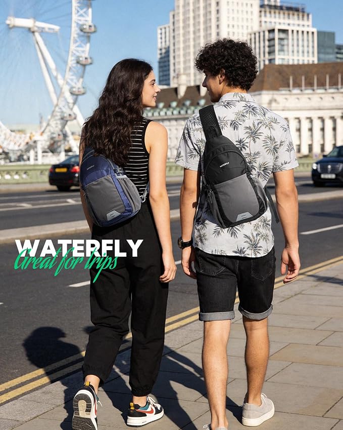 WATERFLY Packable Crossbody Sling Bag: Small Lightweight Travel RFID Blocking Sling Daypack with Water Bottle Holder - Shoulder Chest Bag Backpack for Women Men Hiking Traveling Theme Parks