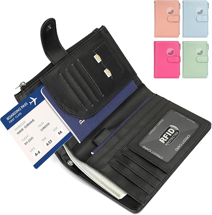 RFID Passport Holder for Women/Men Travel Gifts, Large Capacity Passport Wallet, Family Travel Documents Organizer with Card/Airtag Slots, Zipper coin pocket, Cash Holder Passport Cover Case (Black)