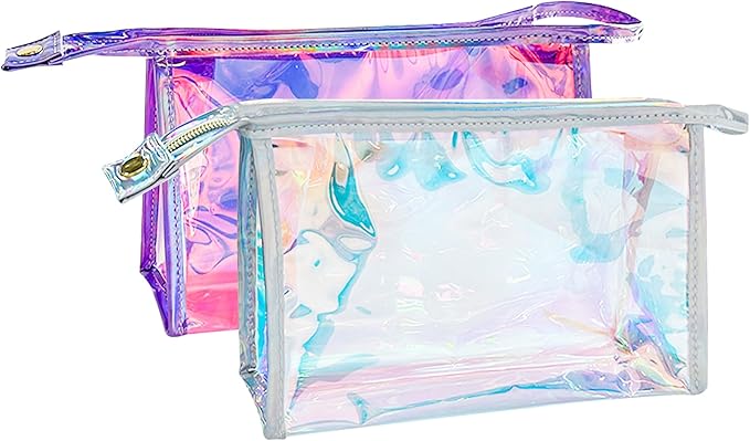 Green Transparent Laser Cosmetic Bag Iridescent Holographic Waterproof PVC Makeup Organizer Bag for Women (Pink+White)
