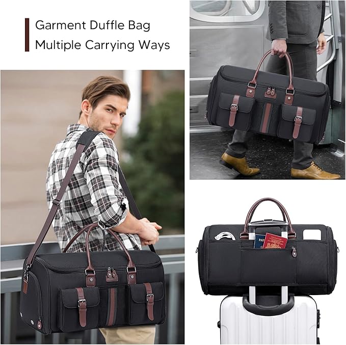 Carry on Garment Bag,Vessgra 2 in 1 Duffle Bag for Travel Convertible Garment Duffel Bags for Men Women Inner Dry/Wet Compartment Suit Bag Travel with Shoe Compartment Bussiness Weekender Trip,Black