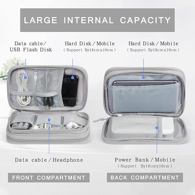 Skycase Electronic Organizer Travel Case - Waterproof Travel Cord Pouches for Organization, Cable Organizer, All-in-One Double Layers Storage Bag for Accessories, Charger, Cable, Grey - Large