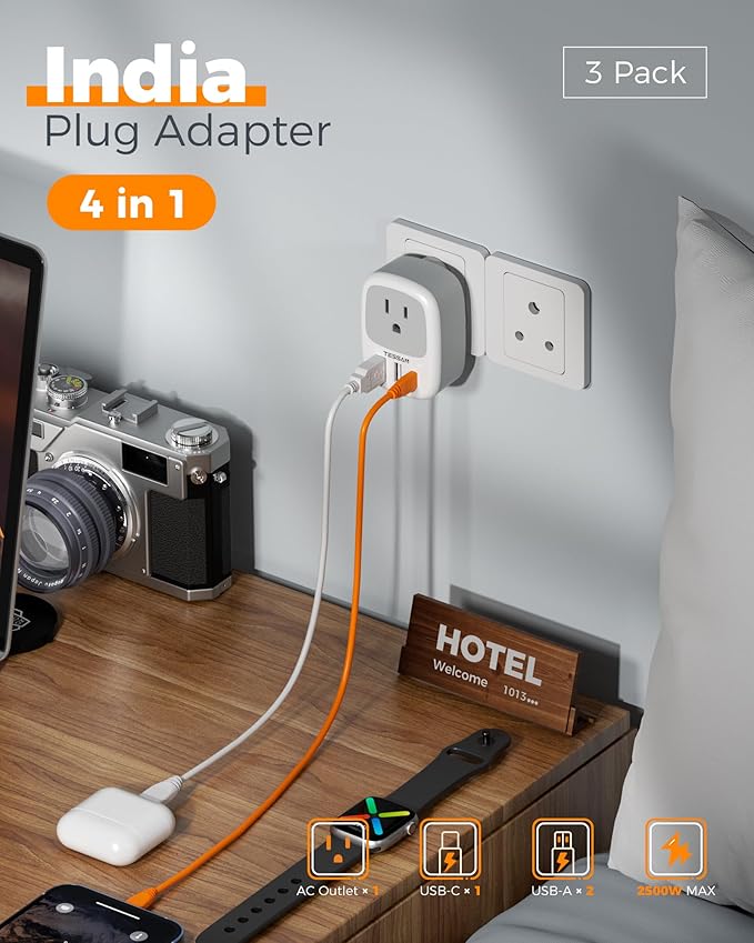 US to India Plug Adapter 3 Pack, TESSAN Type D Travel Adapter with 3 USB Ports (1 USB C), Power Adaptor for US to India Nepal Maldives Pakistan Bangladesh Sri Lanka Bhutan Yemen