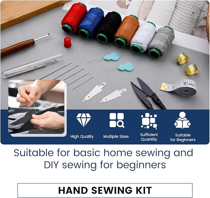 TLKKUE Sewing Kit for Adults, Steel Needles for Hand Sewing, 40 Pcs Sewing Kit with Sewing Needles Storage Bag Threads Thimbles Seam Rippers for Repair Clothing(6-Color Upholstery Thread)