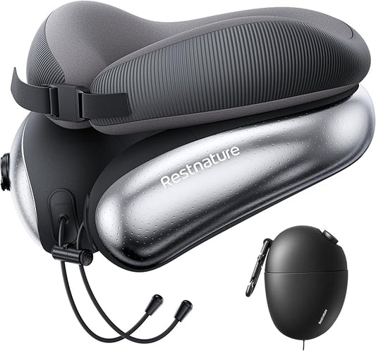 Neck Pillow for Traveling, Travel Pillows for Airplanes, Adjustable Neck Pillow Airplane Travel Essentials - 2 Layer Patented | Inflatable Air Loop & Memory Foam for 360° Ergonomic Support