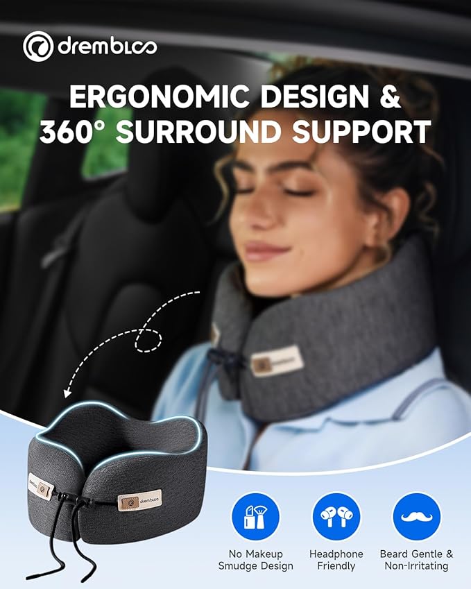 Travel Neck Pillow for Airplane, Premium Memory Foam 360° Ergonomic Support for Sleeping on Long Flights, Compact Portable Sleep Essential with Comfortable Cover for Cars, Office Naps & Home Use