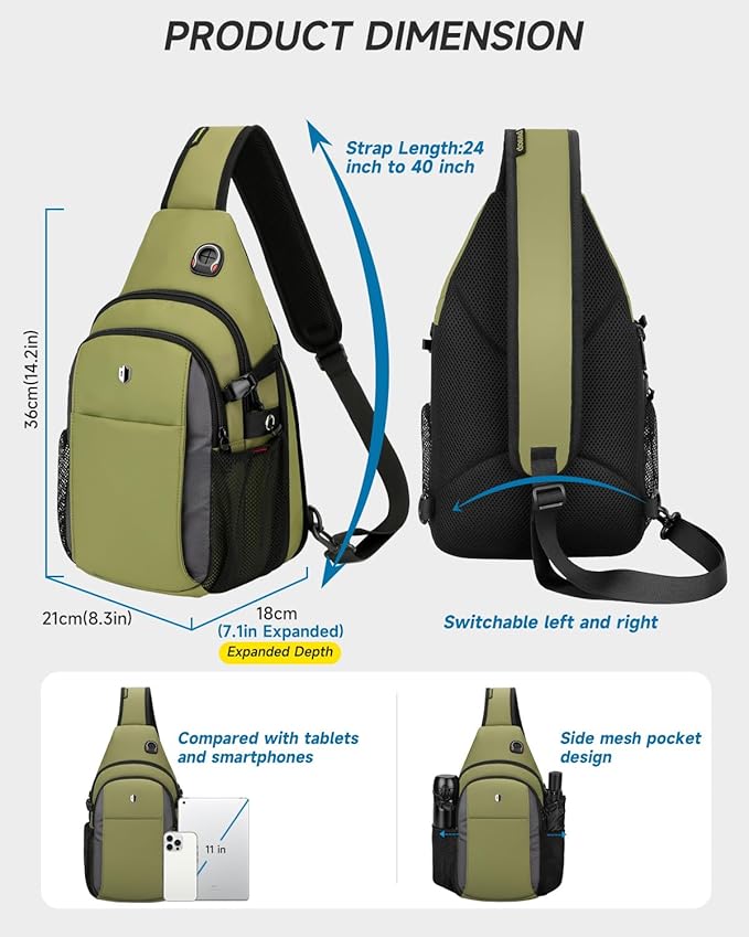 Tactical Sling Bag for Men, Expandable Army Green Chest Pack with Water Bottle Pocket & Earphone Port, Crossbody Backpack for Hiking, Travel & Outdoor, Fits Switch 2, 11 inch iPad | Mens Crossbody Bag