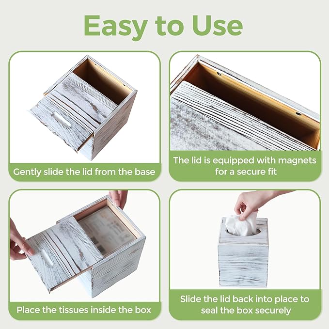 S310 Wood Tissue Box Cover, Rustic Square Tissue Box Holder with Slide-Out Bottom, Wooden Cube Tissue Covers Tissue Holders for Bathrooms Office Kitchen, White