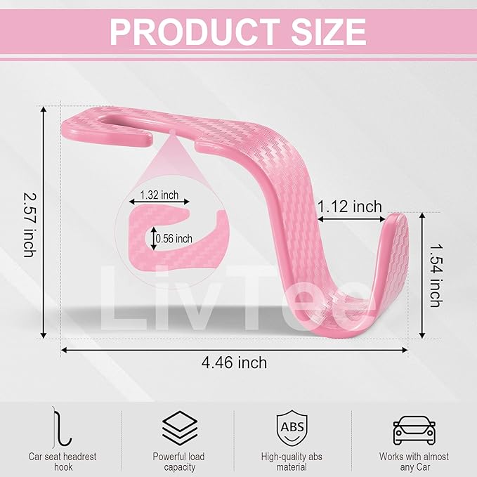 LivTee Car Purse Hook, Headrest Hook for Car, 4 Pack Universal Auto Car Seat Headrest Hook Hangers Organizer for Purse Coat Umbrellas Grocery Bags Handbag, Car Accessories - Carbon Fiber Pink