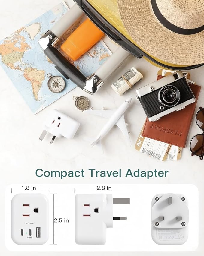 Addtam US to UK Ireland Travel Plug Adapter, Type G Power Plug Adapter with 3 Outlets 3 USB Ports(2 USB C), UK Adapters for Travel for USA to Dubai England London Scotland British Kenya Irish Hongkong