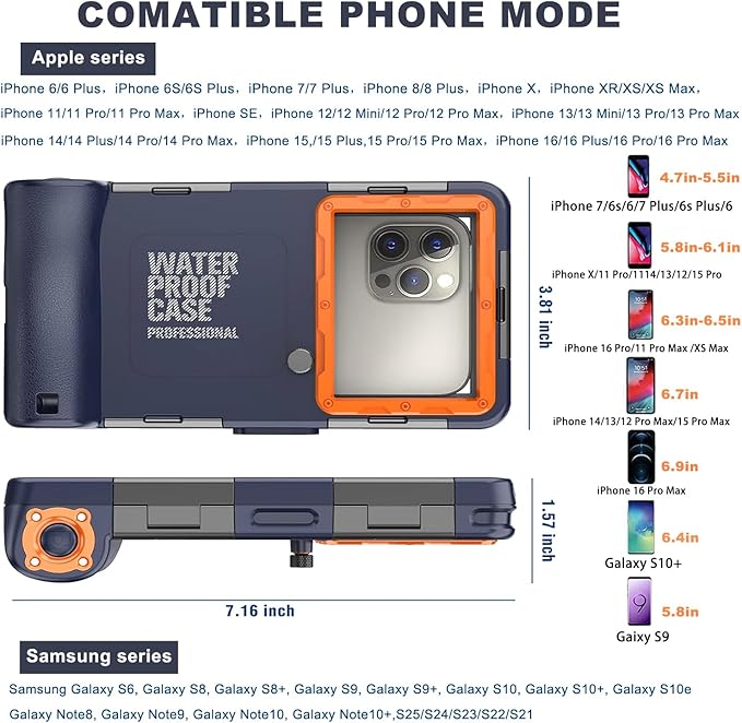2026 Underwater Snorkeling Diving Phone Case for Phone 17/16/15/14/13/12Pro Max/Galaxy S26/S25/S24/S23.(50ft/15m) Professional Scuba Dive Waterproof Case Underwater Photo Video（Blue）
