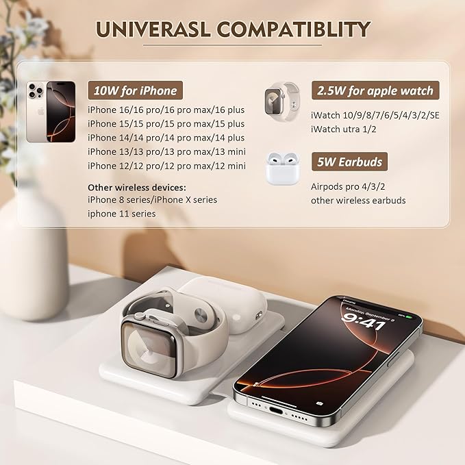 Magnetic Wireless Charger for iPhone: 3 in 1 Travel Charging Station for Apple Devices for iPhone 17 Air 16 15 14 13 12 Pro Max Plus - Foldable Charging Pad for Apple Watch Series & Airpods 4 3 2 Pro