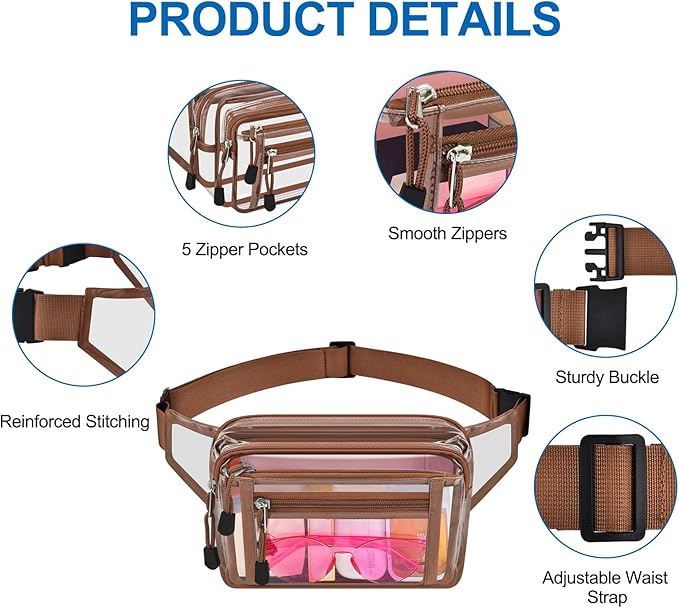 Clear Bag Stadium Approved Clear Fanny Pack for Women for Work,Multi-purpose Waist Bag for Travel & Sporting Event