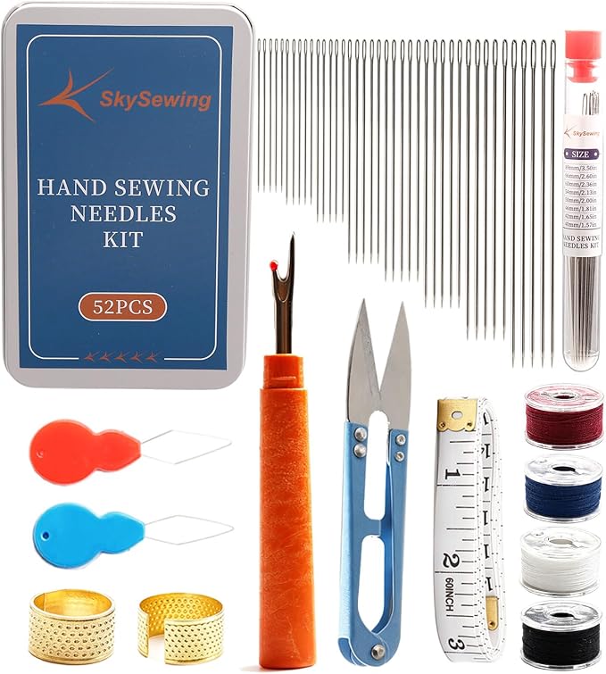 Skysewing 52PCS Large Eye Hand Sewing Needles Kit with Metal Box, Mini Sewing Kit with Threaders, Thimbles, Seam Ripper, Portable Sewing Repair Kit for Adults Beginner Travel Clothing Repair Home Use